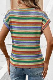 Top de manga corta de giro de patrón rayado multicolor de rayas