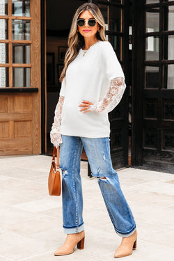 Significa per patchwork a manica in pizzo beige finto maglione fuzzy