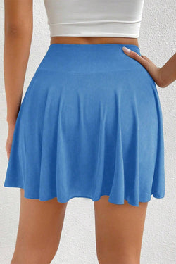 Blue A-line Draped High Waist Phone Pocket Lined Skort