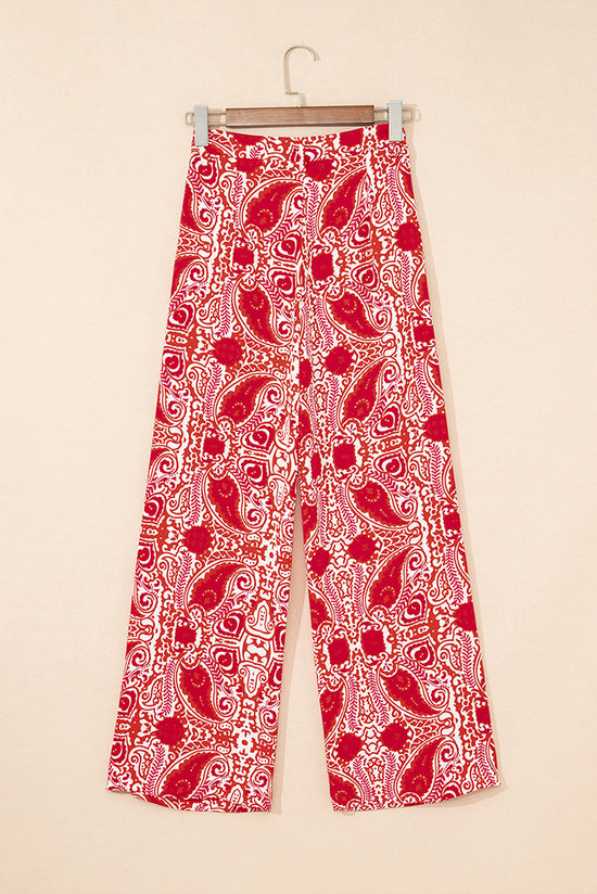 Pantaloni gambe a vita alta stampati con stampato rosso paisley