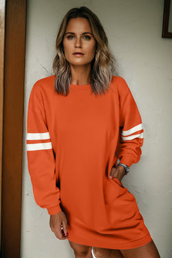 Fiery Red Varsity Contrast Banded Sleeve Shift Sweatshirt Dress