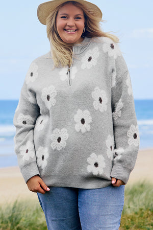 Modèle floral brodé de taille plus gris Pull à moitié zip