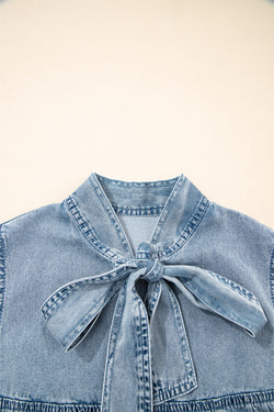 Beau Blue Bowknot Neck sin mangas con volantes Vestido de chambray
