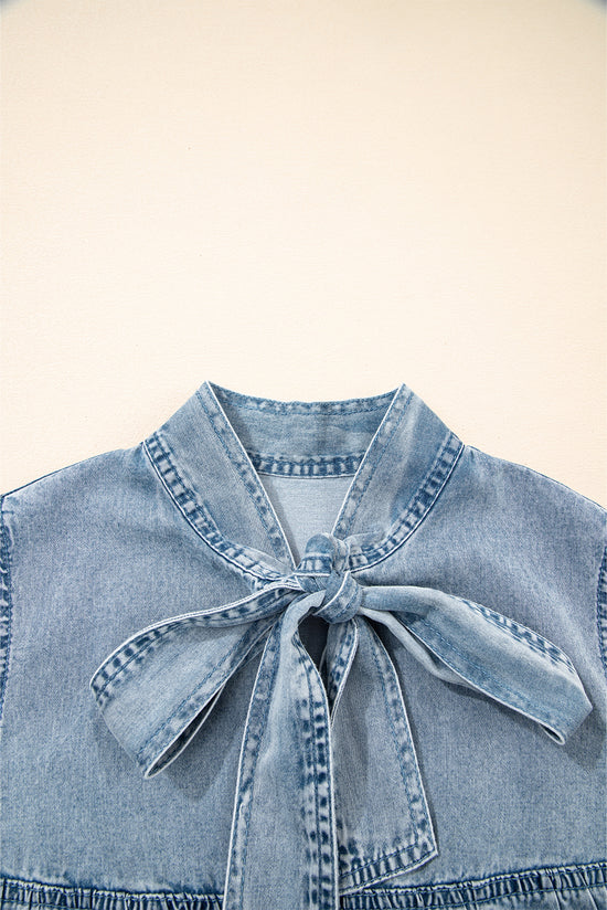 Beau Blue Bowknot Neck sin mangas con volantes Vestido de chambray