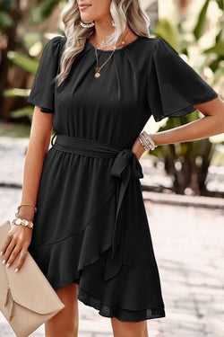 Negro Plisado de cuello redondo de cuello redondo Manga con rufa mini Mini Vestido