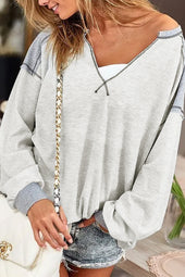 Gray Exposed Seam Ribbed Patchwork V Neck Sweatshirt