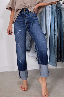 High Waist Distressed Straight Leg Jeans