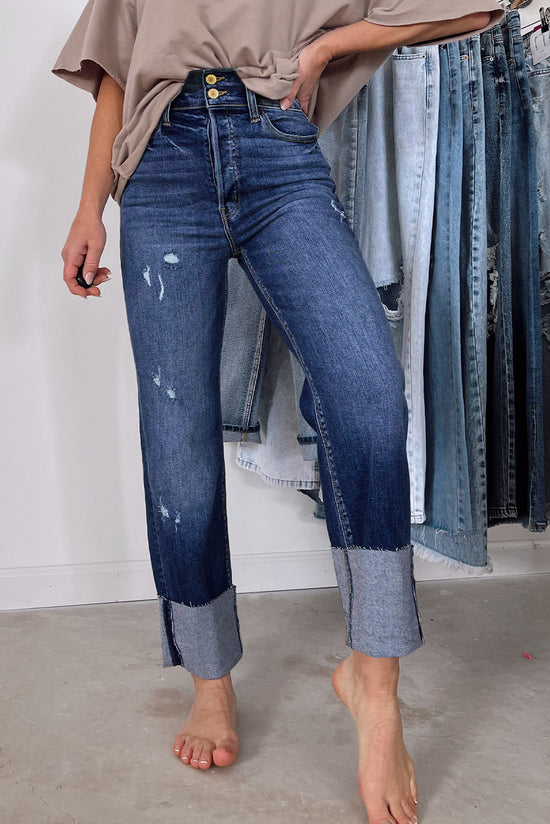 High Waist Distressed Straight Leg Jeans