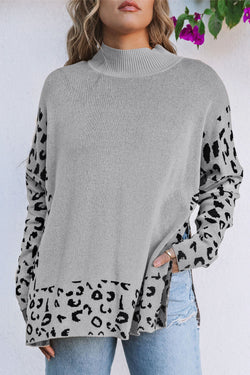 Chaqued Leopard High Neck Latern Slit Sweater de grandes dimensões