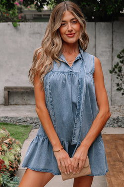 Beau Blue Bowknot Neck sin mangas con volantes Vestido de chambray