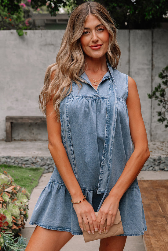 Beau Blue Bowknot Neck sin mangas con volantes Vestido de chambray