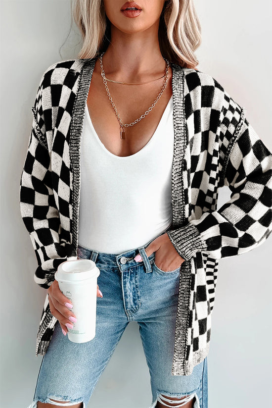 Cardigan con spalla con goccia anteriore a scacchi neri a scacchi