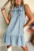 Beau Blue Bowknot Neck sin mangas con volantes Vestido de chambray