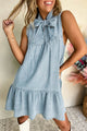 Beau Blue Bowknot Neck sin mangas con volantes Vestido de chambray