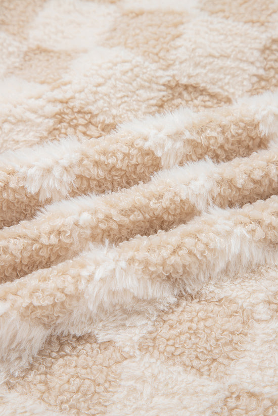 Khaki Checker Sherpa Corduroy Patchwork Zip up Collared Jacket