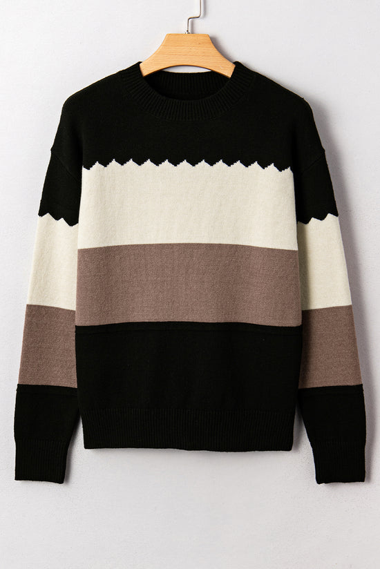 Brown Colorblock Crew Neck Drop Shoulder Sweater