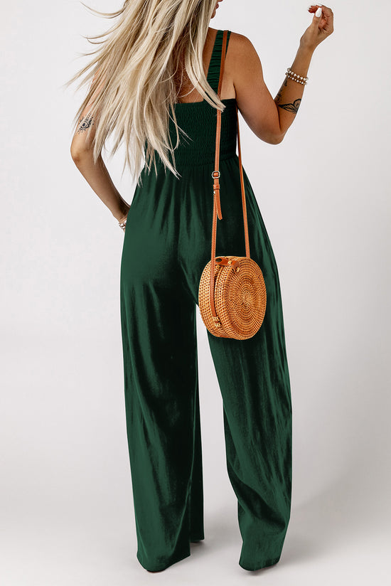 Black Smocked Sleeveless Wide Leg Jumpsuit with Pockets