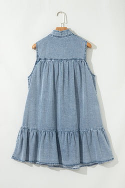 Beau Blue Bowknot Neck sin mangas con volantes Vestido de chambray