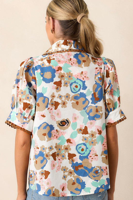 Multicolor Floral Print Ricrac Trim Compolada Putfled Short Sleeve