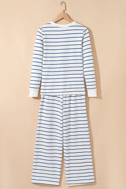 Sail Blue Striped Long Sleeve Top Drawstring Wide Leg Pants 2pcs Outfit