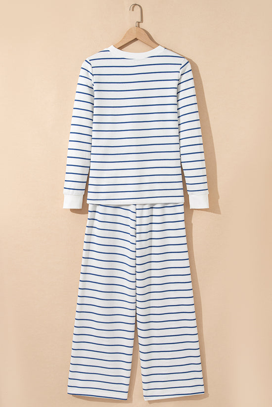 Sail Blue Striped Long Sleeve Top Drawstring Wide Leg Pants 2pcs Outfit