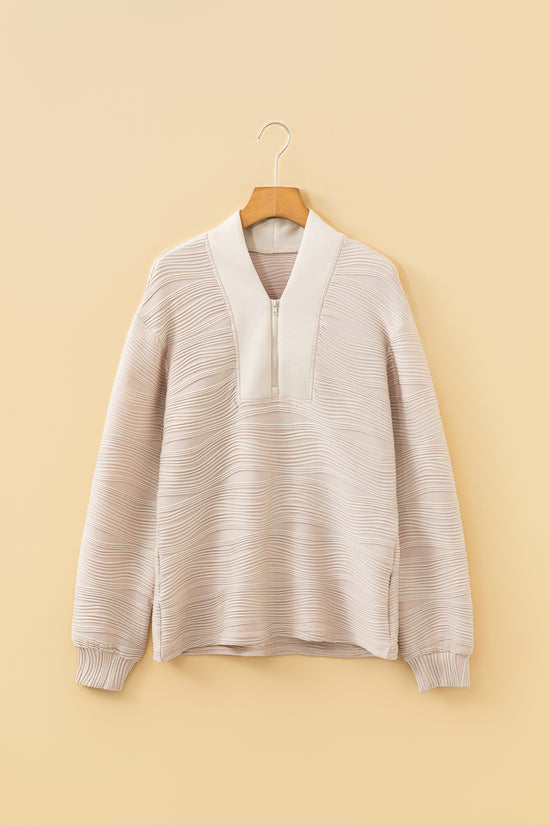 Parchment Solid Color Textured Zip V Neck Pullover Sweatshirt