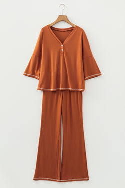 Pomelo Naranja Contrast costura Botonada V Cuello Media manga Top y pantalones de bengala con cordón