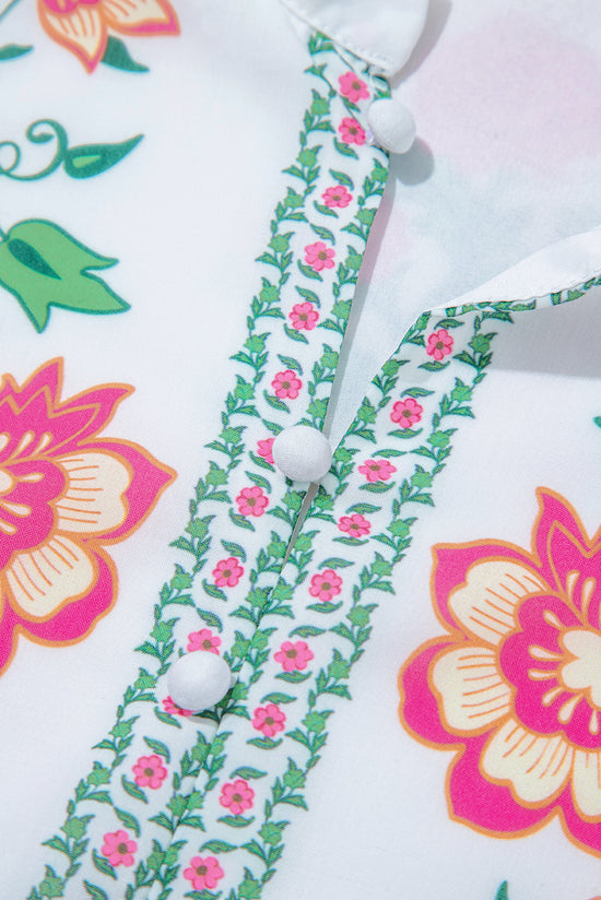 Robe longue blanche à imprimé floral et demi-bouton col mandarin manches 3/4