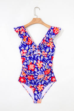 Tastro a volant blu floreale V Nervo Lace-Up Back Tummy Control Swimsuit One Piece