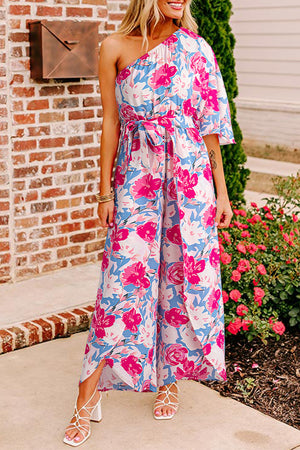 Pring Floral Imprimé rose Asymétrique Encolure Single Single Drapey Suit ceinturée ceinturée