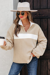 Parchment Fleece Colorblock Patchwork Zipped Neck Pullover Sweatshirt
