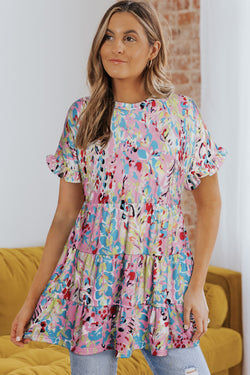 Top per babydoll a manica a manica a rotatura floreale rosa