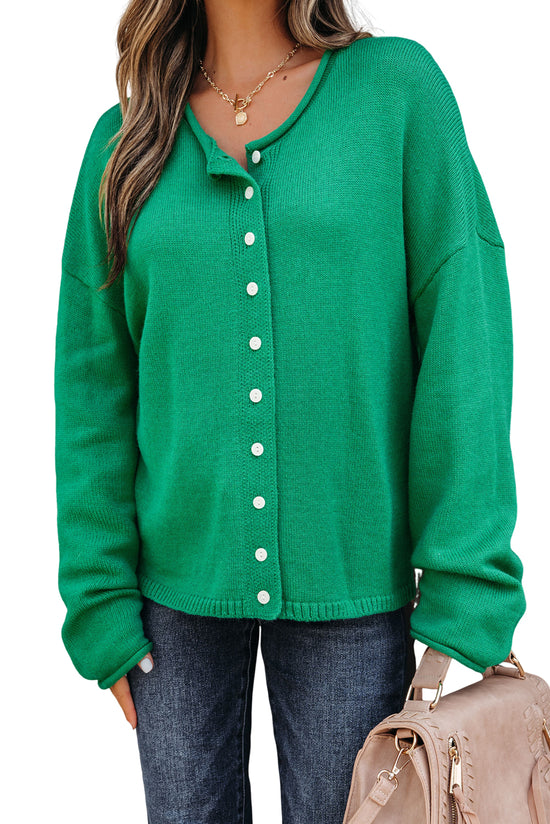 Pulsante a maglia a maglia a maglia con maglia ridotta verde brillante cardigan