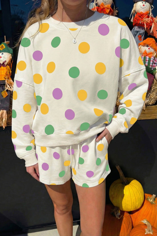 Ensemble short et pull à épaules tombantes imprimé à pois multicolore avec cordon de serrage