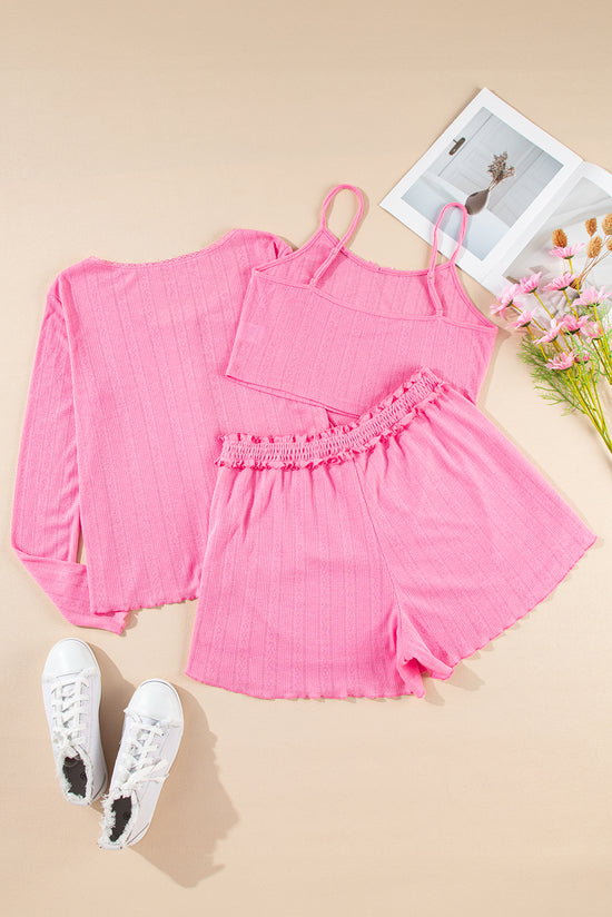 Bonbon Delicate Texture Cropped Cami Shorts and Cardigan 3pcs Lounge Set