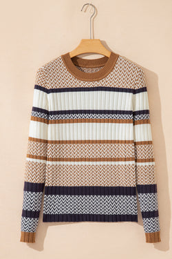 Suéter fino tricotado com listras marrons com padrão elegante e acabamento canelado