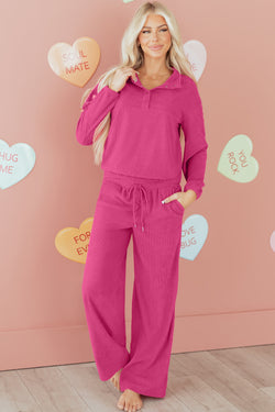 Peach Blossom Half Button Pullover Drawstring Pants Solid Color Corduroy 2pcs Outfit