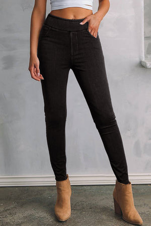 Color sólido negro de la cintura alta de cintura delgada Jeggings