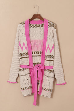 Gray Geometric Cable Knit Pocketed Open Front Cardigan