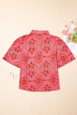 Stampa floreale rosso rosa a manica corta camicia sciolta
