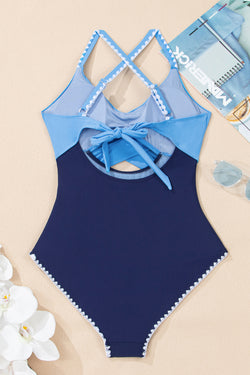 Beau blue ric rac trim ha contrastato patchwork contrastante costume da bagno