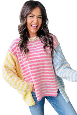 Mulicolor Block Block listrado retalhos de retalhos Dolman Sleeve Slit Sweater