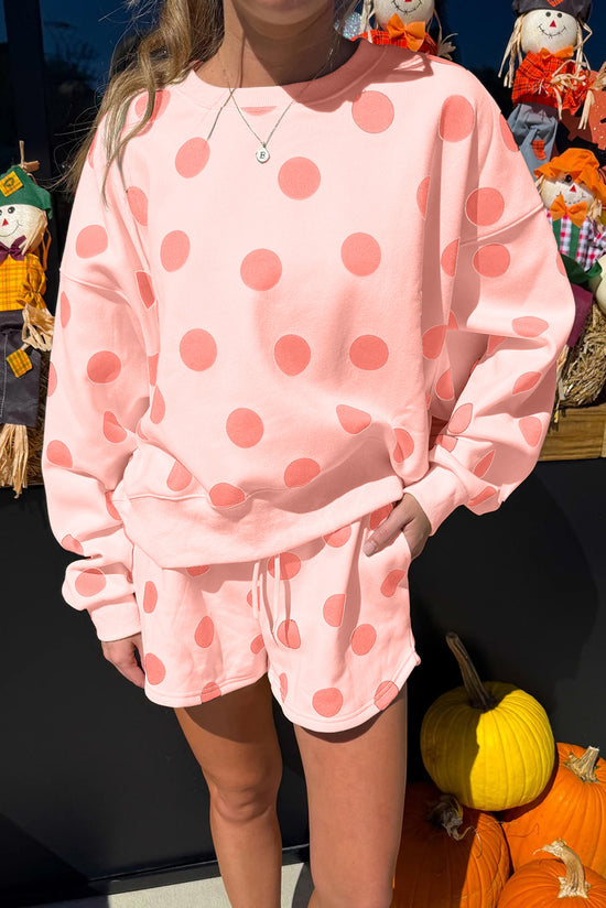 Ensemble short et pull à épaules tombantes imprimé à pois multicolore avec cordon de serrage