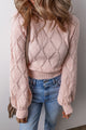 Gossamer Pink Open Work Plaid Puff Sleeve Cropped Sweater