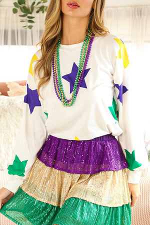 White Mardi Gras Star Impresso Top de Manga Longa