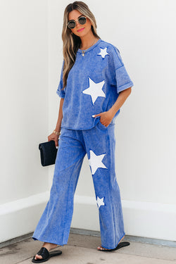 Ashleigh Blue Acid Wash Star Patched Rolled Trim Pants Set