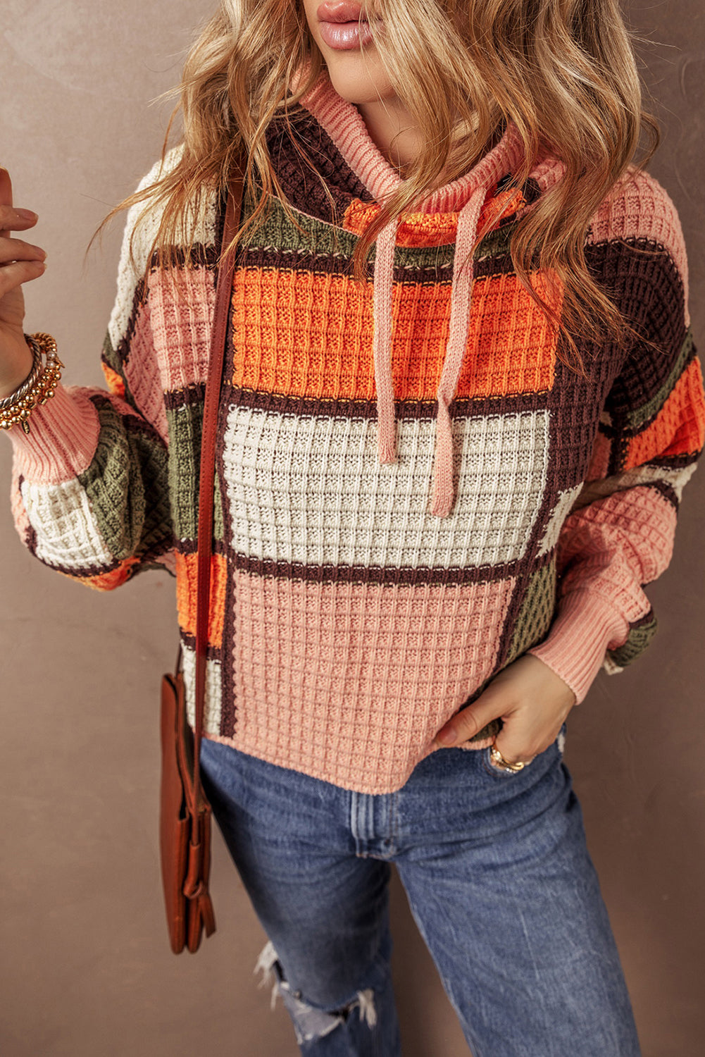 Block de color naranja Waffle Knit Drawstring Mock Sweater