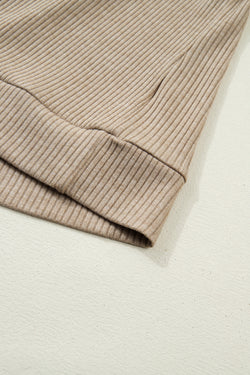 Beige Ribbed Knit Denim Patchwork Button Polo Collar Cuffed Long Sleeve Top