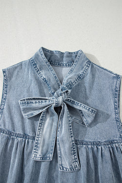 Beau Blue Bowknot Neck sin mangas con volantes Vestido de chambray