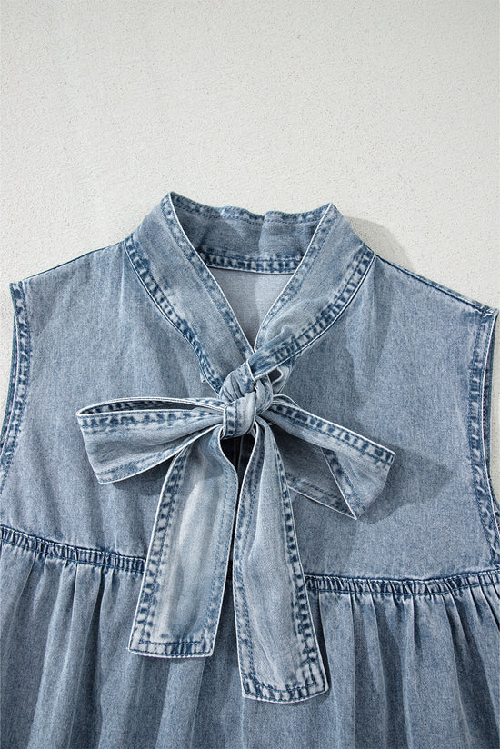 Beau Blue Bowknot Neck sin mangas con volantes Vestido de chambray